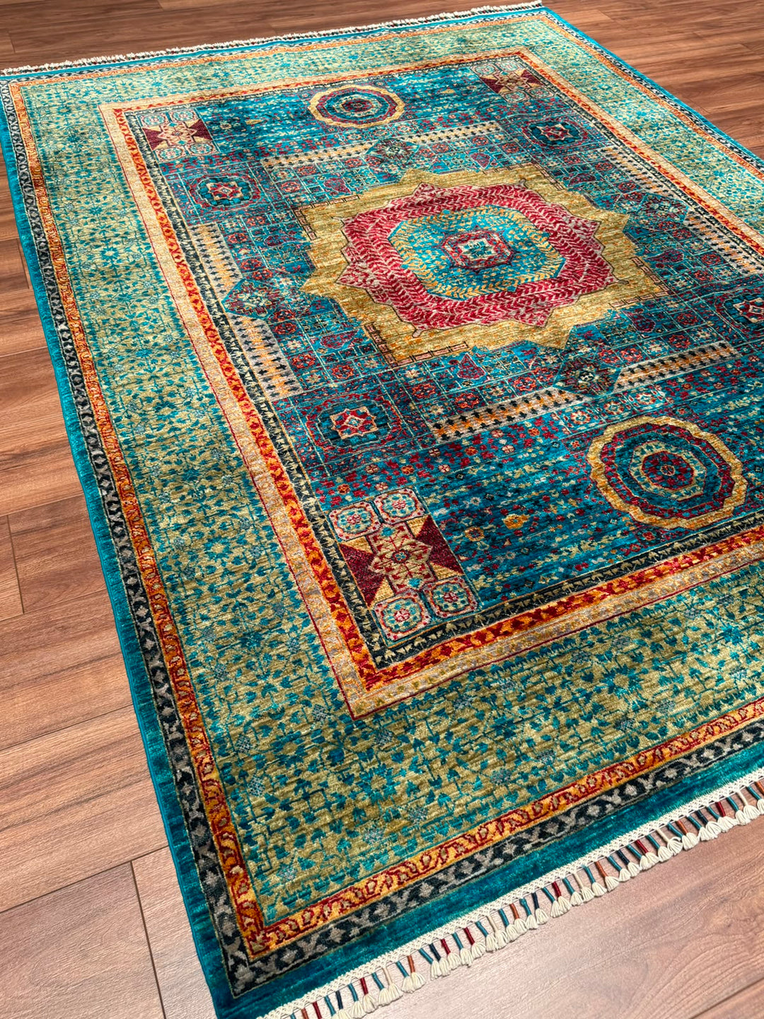 Memlük Orijinal El Dokuması Turkuaz Kök Boya Yün Halı 179x235 4.21 Metrekare - 5x8 ft