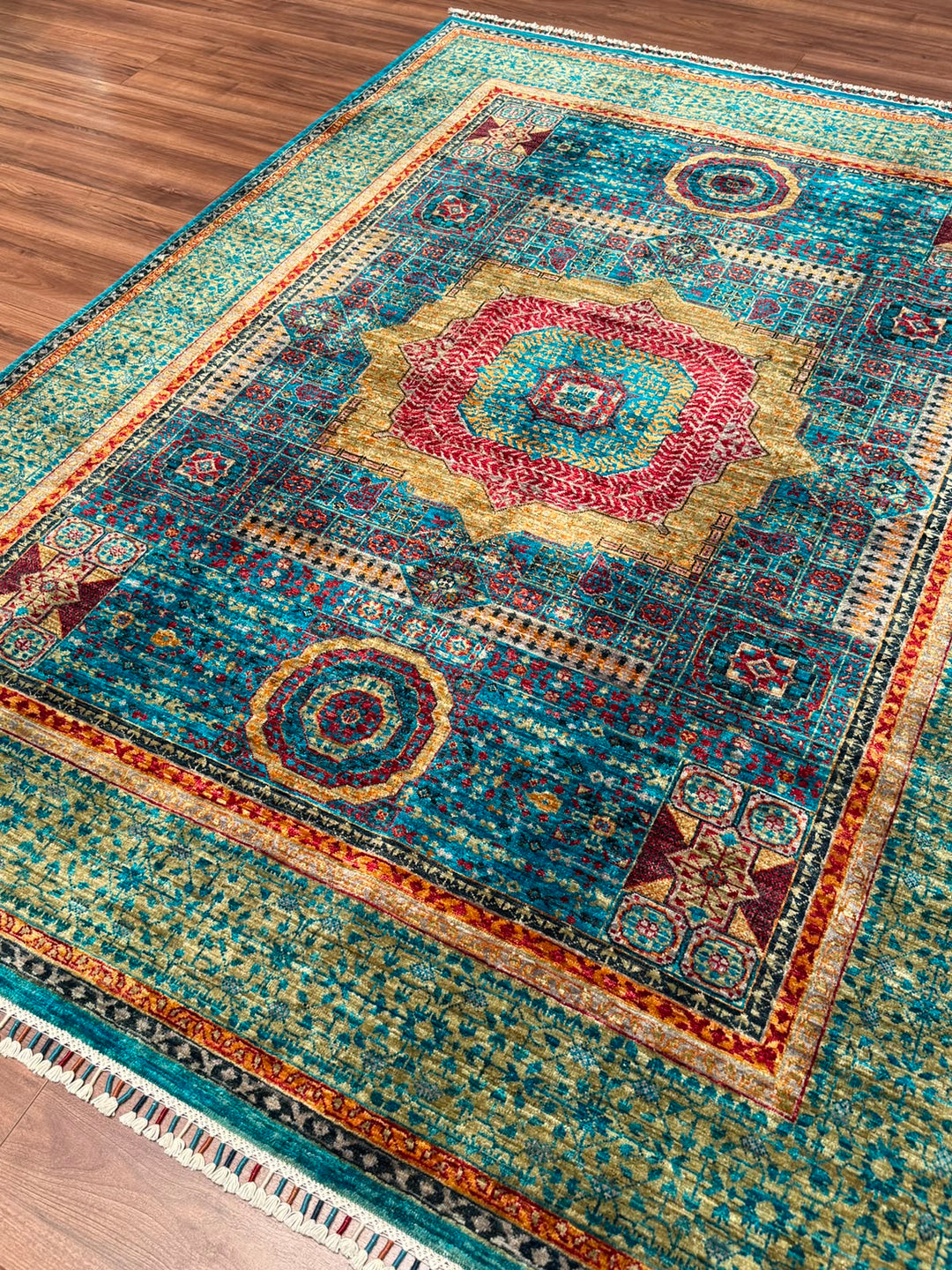Memlük Orijinal El Dokuması Turkuaz Kök Boya Yün Halı 179x235 4.21 Metrekare - 5x8 ft