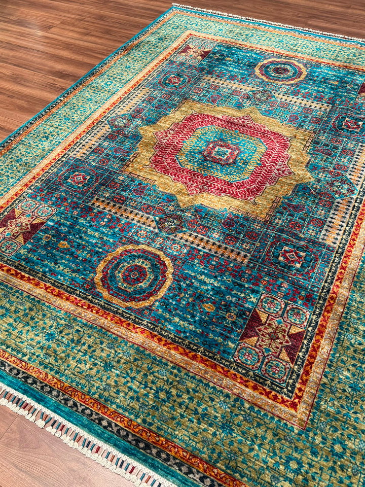 Memlük Orijinal El Dokuması Turkuaz Kök Boya Yün Halı 179x235 4.21 Metrekare - 5x8 ft