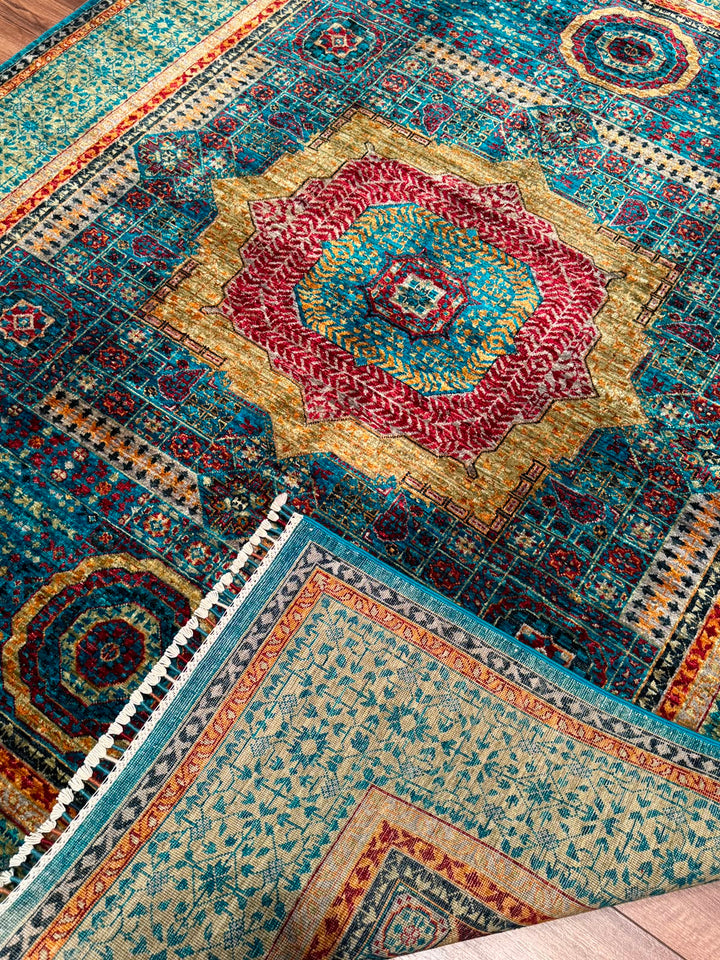 Memlük Orijinal El Dokuması Turkuaz Kök Boya Yün Halı 179x235 4.21 Metrekare - 5x8 ft