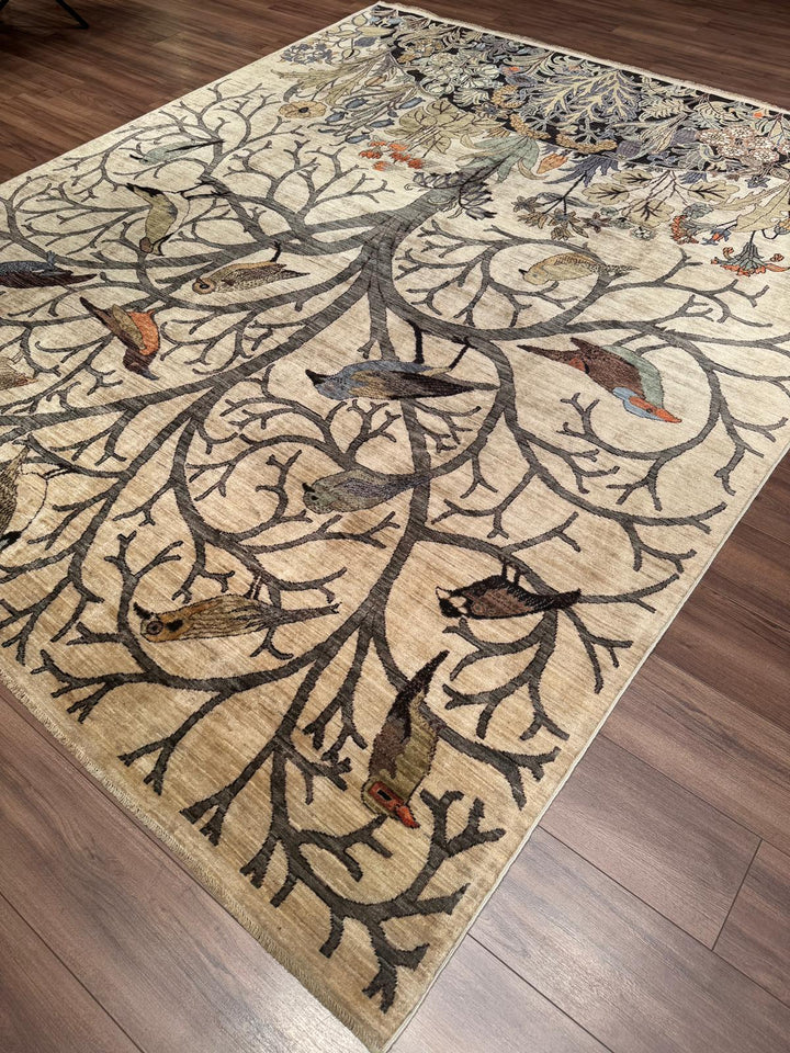 Kuşlu Ağaç Orijinal El Dokuması Krem Kök Boya Yün Halı 245x298 7.30 Metrekare - 7x10 ft