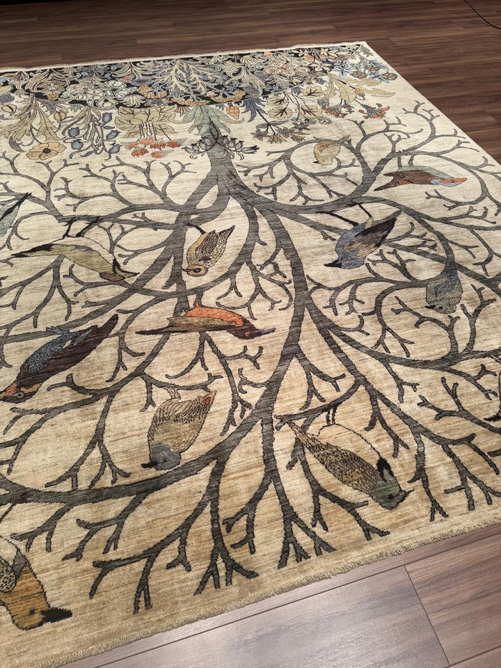 Kuşlu Ağaç Orijinal El Dokuması Krem Kök Boya Yün Halı 245x298 7.30 Metrekare - 7x10 ft