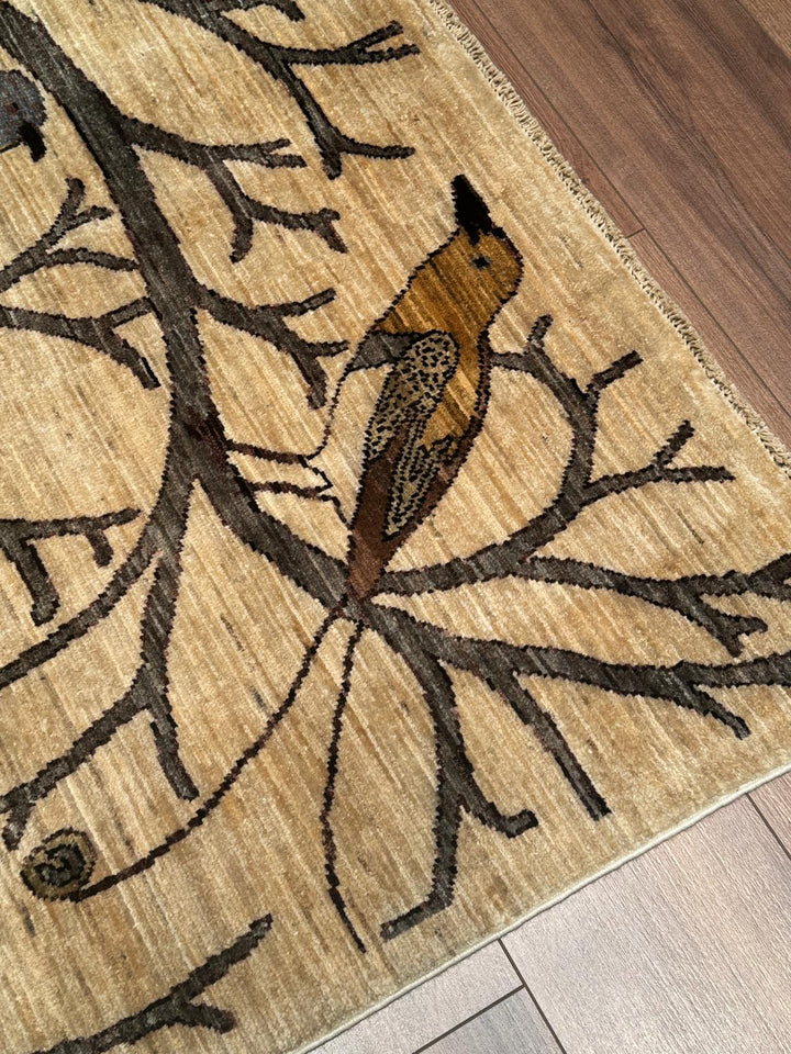 Kuşlu Ağaç Orijinal El Dokuması Krem Kök Boya Yün Halı 245x298 7.30 Metrekare - 7x10 ft