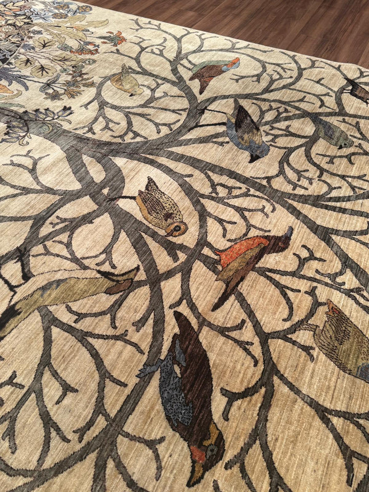 Kuşlu Ağaç Orijinal El Dokuması Krem Kök Boya Yün Halı 245x298 7.30 Metrekare - 7x10 ft