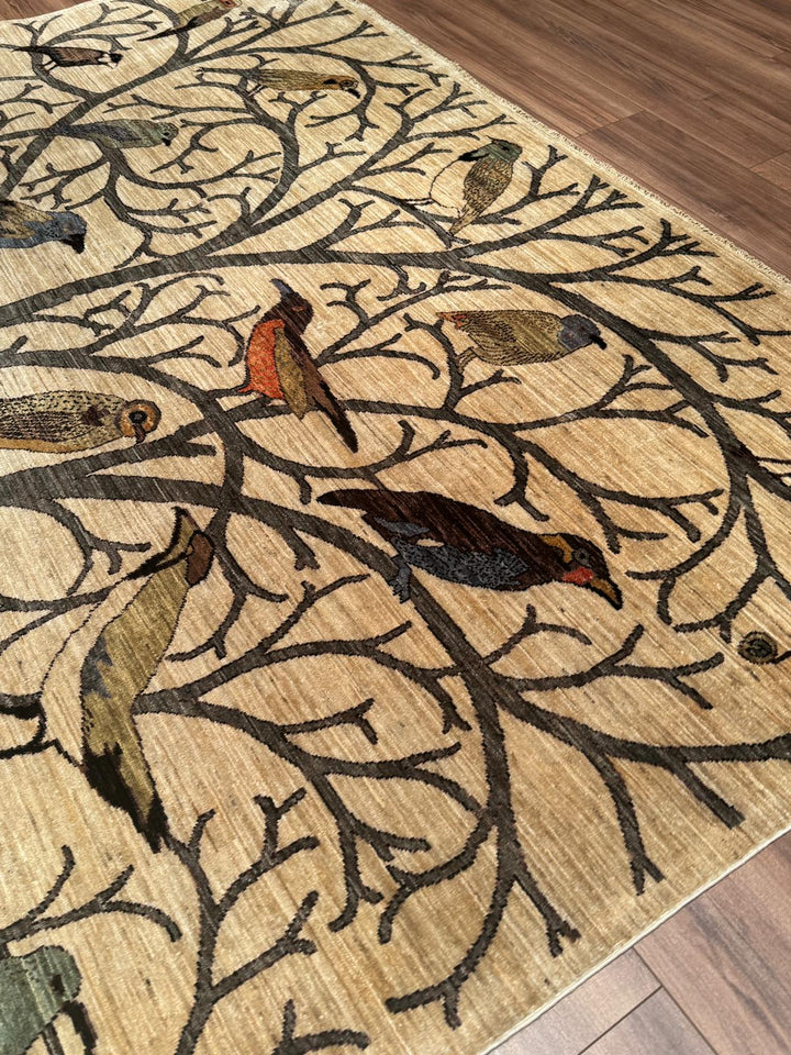 Kuşlu Ağaç Orijinal El Dokuması Krem Kök Boya Yün Halı 245x298 7.30 Metrekare - 7x10 ft