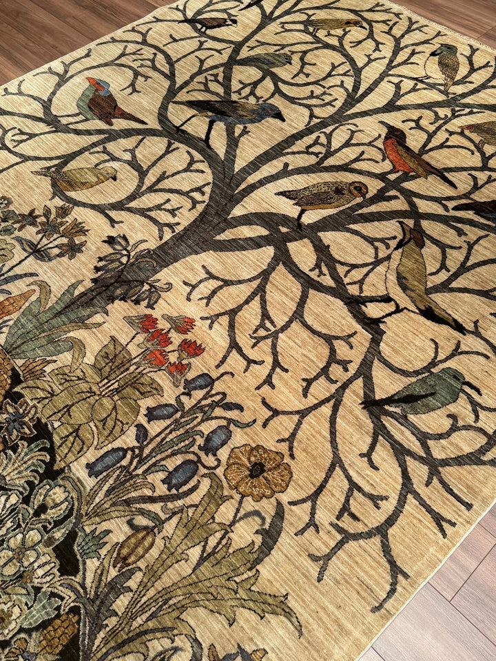 Kuşlu Ağaç Orijinal El Dokuması Krem Kök Boya Yün Halı 245x298 7.30 Metrekare - 7x10 ft