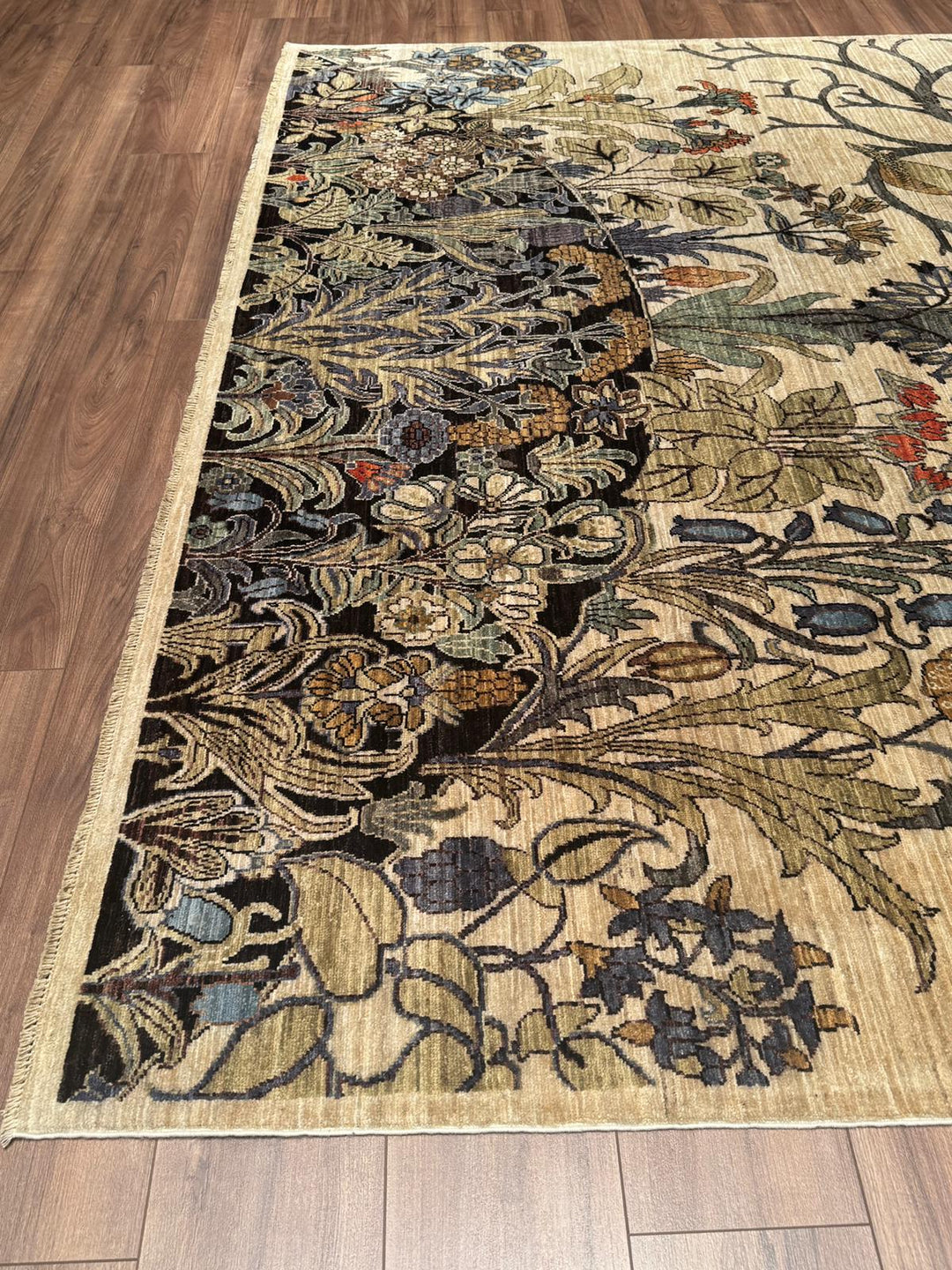 Kuşlu Ağaç Orijinal El Dokuması Krem Kök Boya Yün Halı 245x298 7.30 Metrekare - 7x10 ft