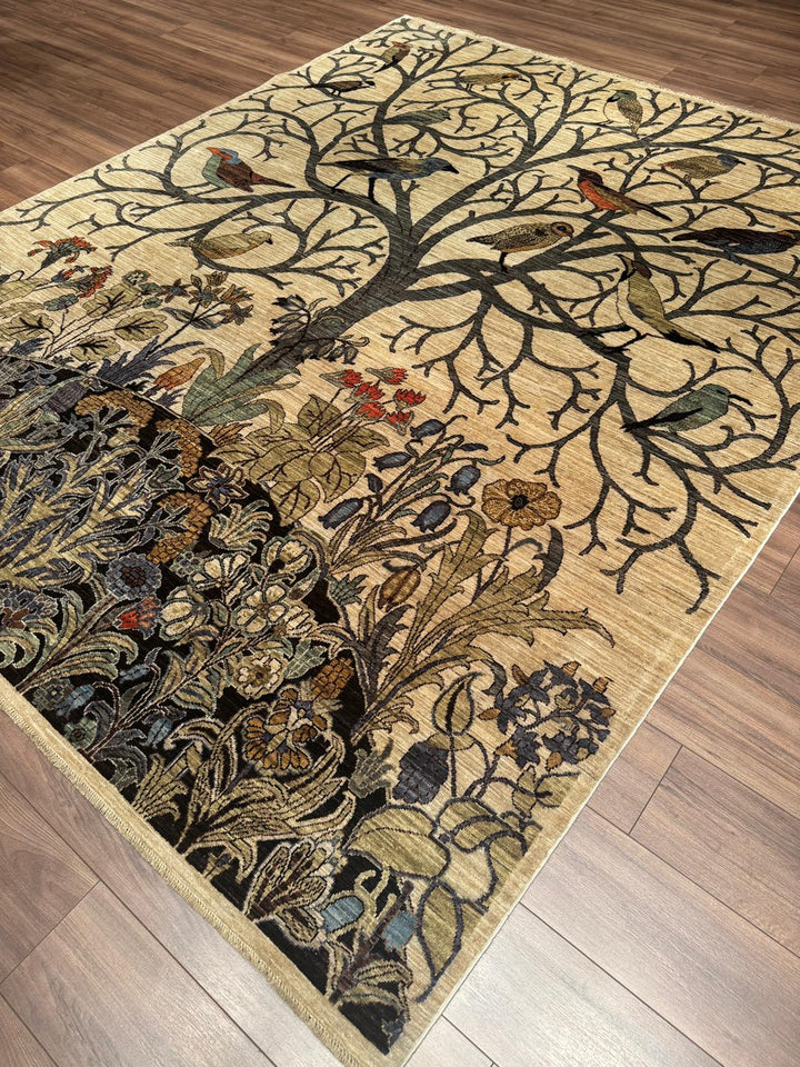 Kuşlu Ağaç Orijinal El Dokuması Krem Kök Boya Yün Halı 245x298 7.30 Metrekare - 7x10 ft