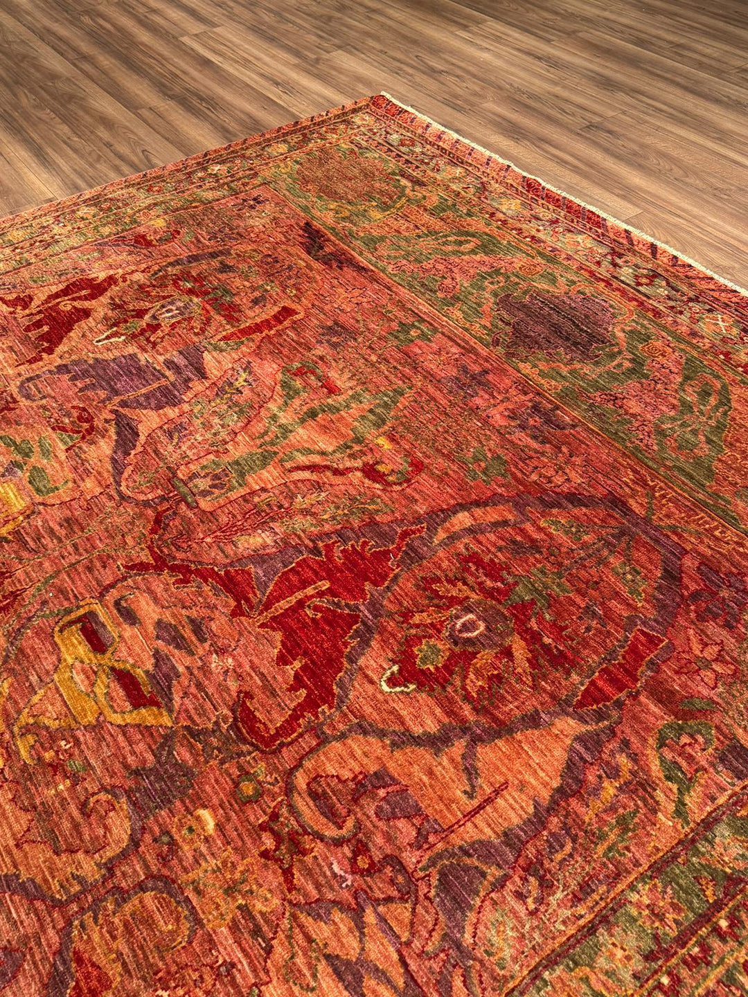 Selçuklu Orijinal El Dokuması Turuncu Kök Boya Yün Halı 246x296 7.28 Metrekare - 7x10 ft