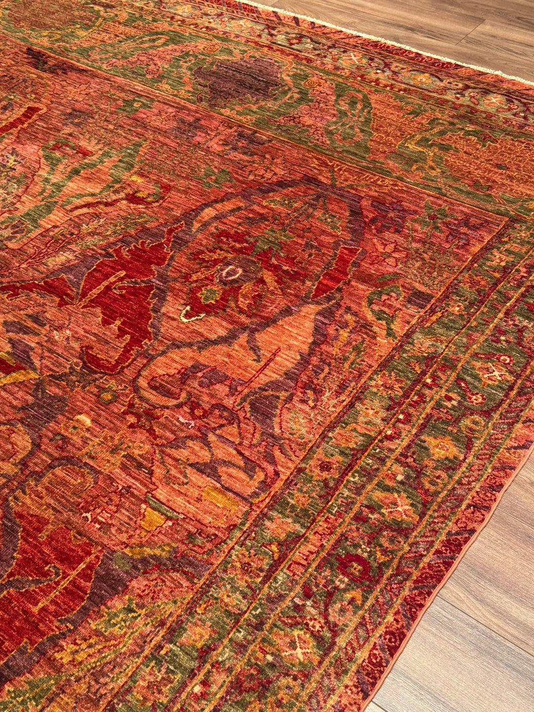 Selçuklu Orijinal El Dokuması Turuncu Kök Boya Yün Halı 246x296 7.28 Metrekare - 7x10 ft
