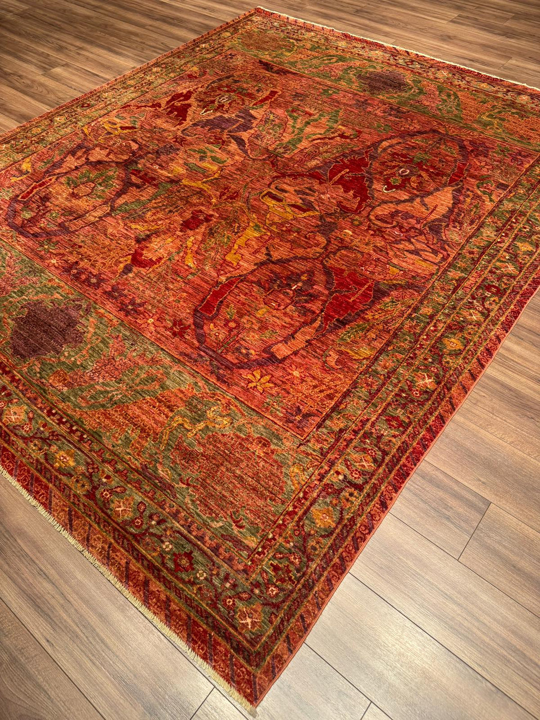 Selçuklu Orijinal El Dokuması Turuncu Kök Boya Yün Halı 246x296 7.28 Metrekare - 7x10 ft
