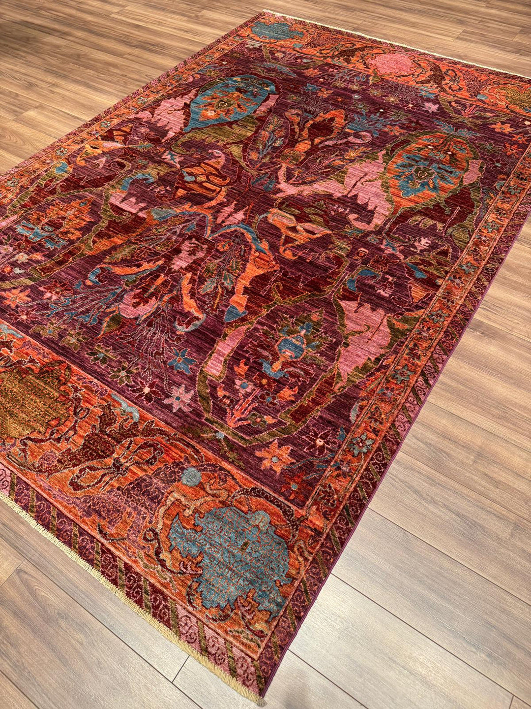 Selçuklu Orijinal El Dokuması Turuncu Kök Boya Yün Halı 199x297 5.91 Metrekare - 7x10 ft