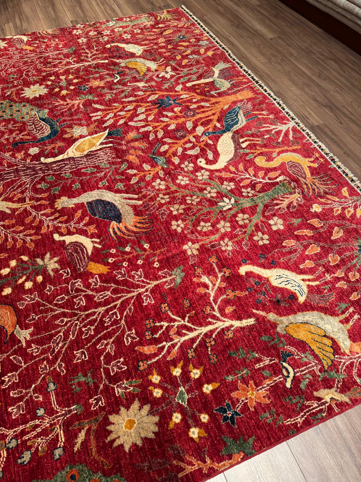 Kuş Orijinal El Dokuması Kırmızı Kök Boya Yün Halı 270x359 9.69 Metrekare - 9x12 ft