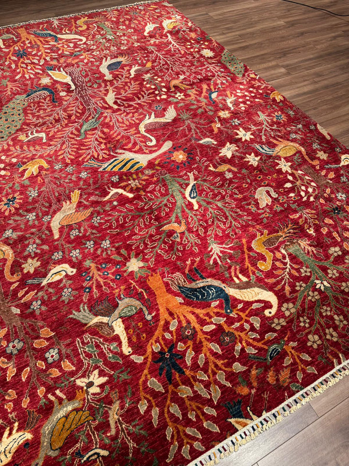 Kuş Orijinal El Dokuması Kırmızı Kök Boya Yün Halı 270x359 9.69 Metrekare - 9x12 ft