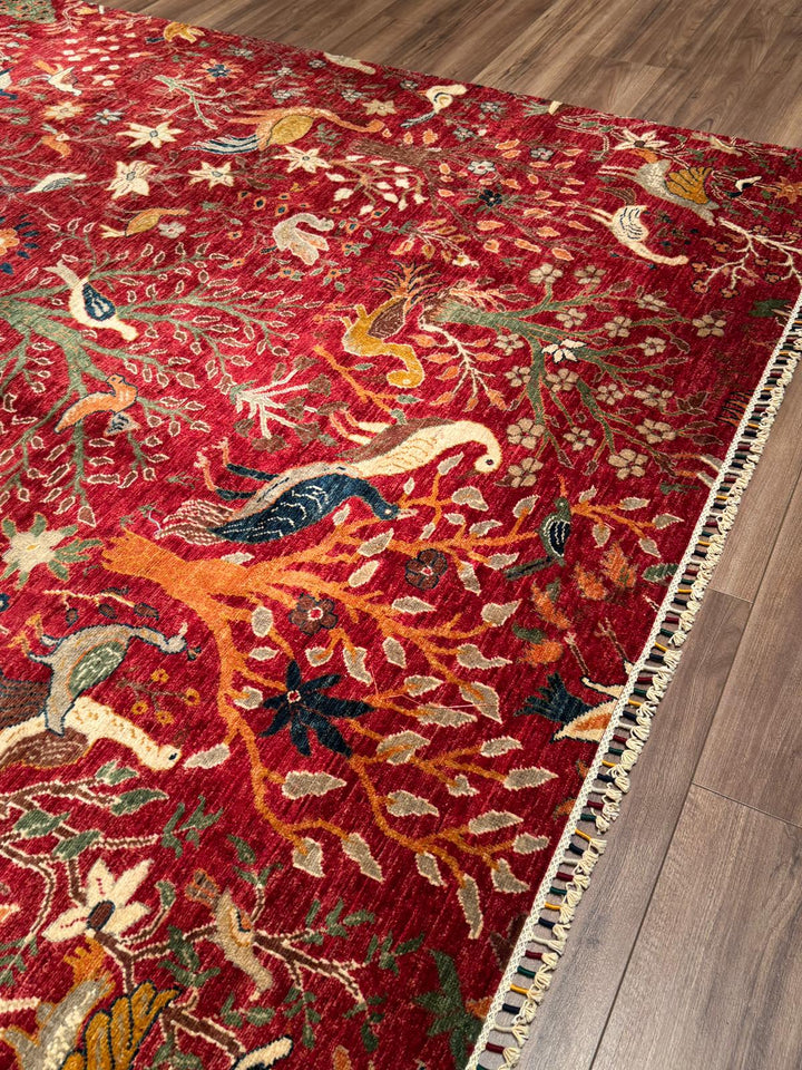 Kuş Orijinal El Dokuması Kırmızı Kök Boya Yün Halı 270x359 9.69 Metrekare - 9x12 ft
