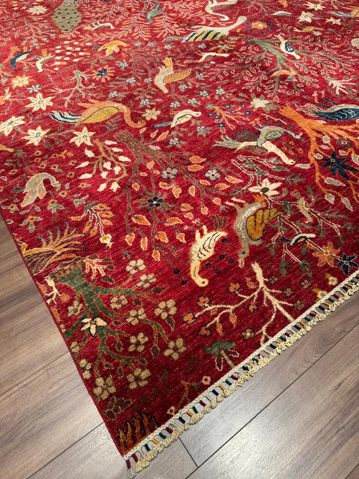 Kuş Orijinal El Dokuması Kırmızı Kök Boya Yün Halı 270x359 9.69 Metrekare - 9x12 ft