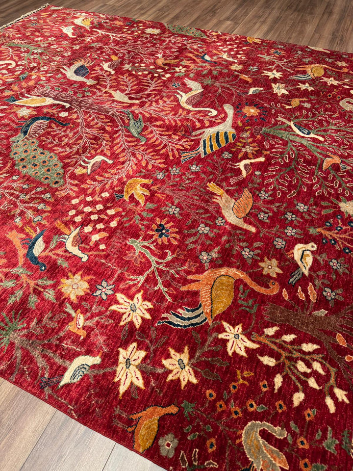 Kuş Orijinal El Dokuması Kırmızı Kök Boya Yün Halı 270x359 9.69 Metrekare - 9x12 ft