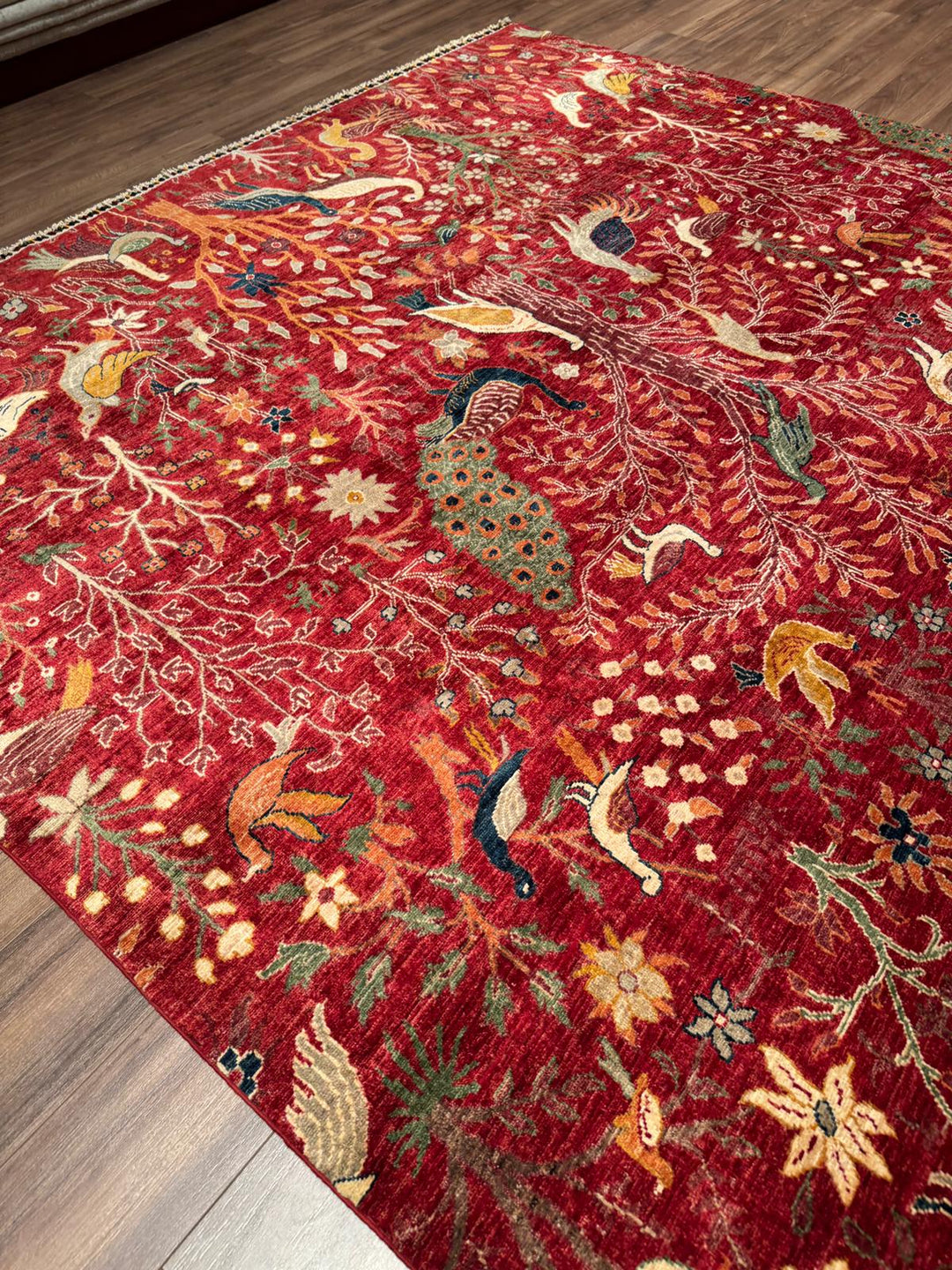 Kuş Orijinal El Dokuması Kırmızı Kök Boya Yün Halı 270x359 9.69 Metrekare - 9x12 ft