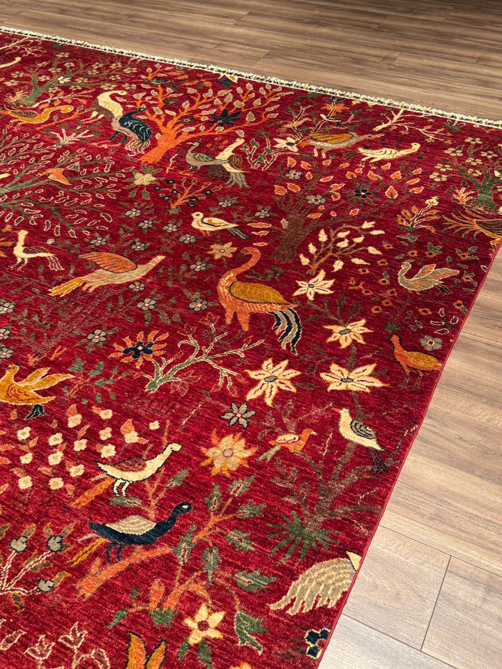 Kuş Orijinal El Dokuması Kırmızı Kök Boya Yün Halı 270x359 9.69 Metrekare - 9x12 ft
