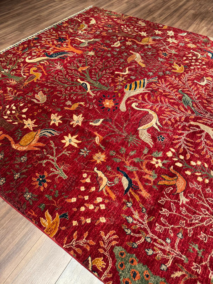 Kuş Orijinal El Dokuması Kırmızı Kök Boya Yün Halı 270x359 9.69 Metrekare - 9x12 ft