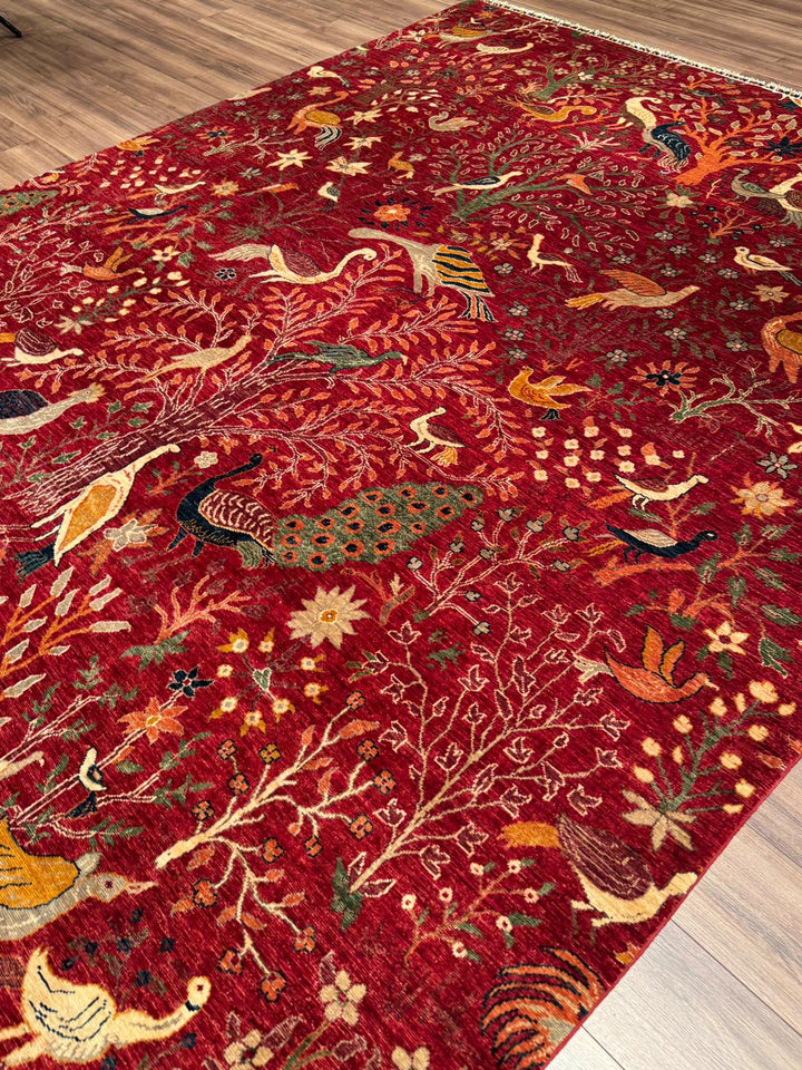 Kuş Orijinal El Dokuması Kırmızı Kök Boya Yün Halı 270x359 9.69 Metrekare - 9x12 ft