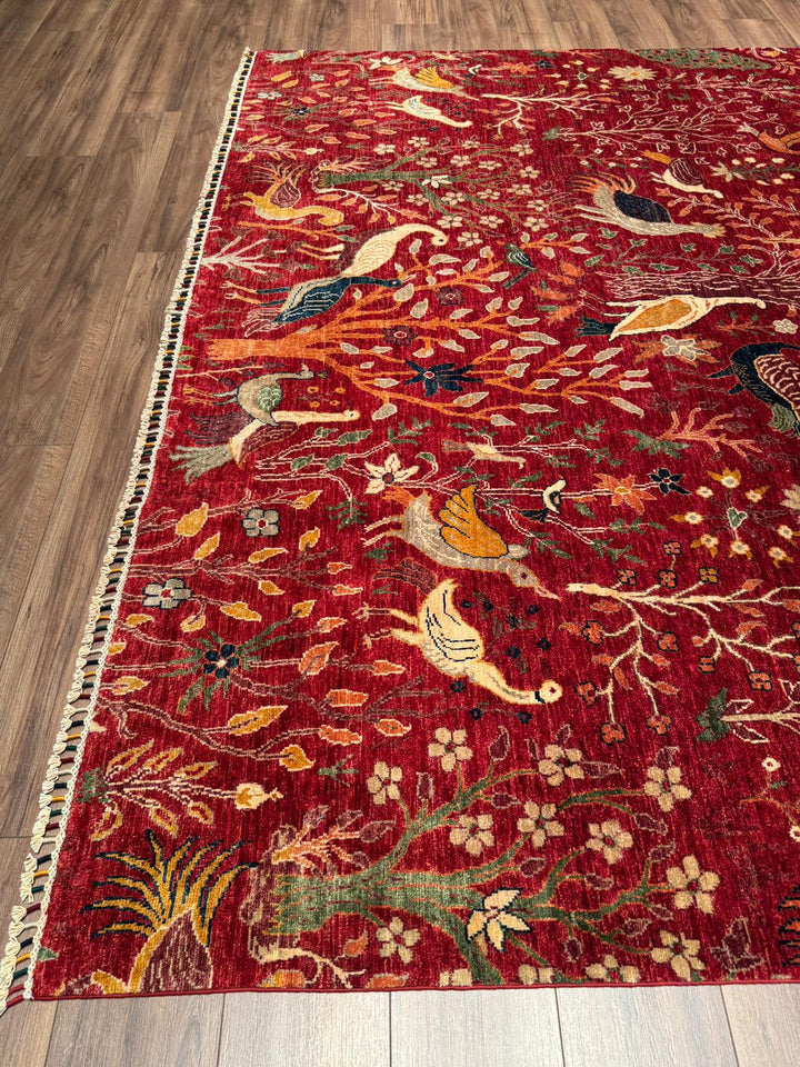 Kuş Orijinal El Dokuması Kırmızı Kök Boya Yün Halı 270x359 9.69 Metrekare - 9x12 ft