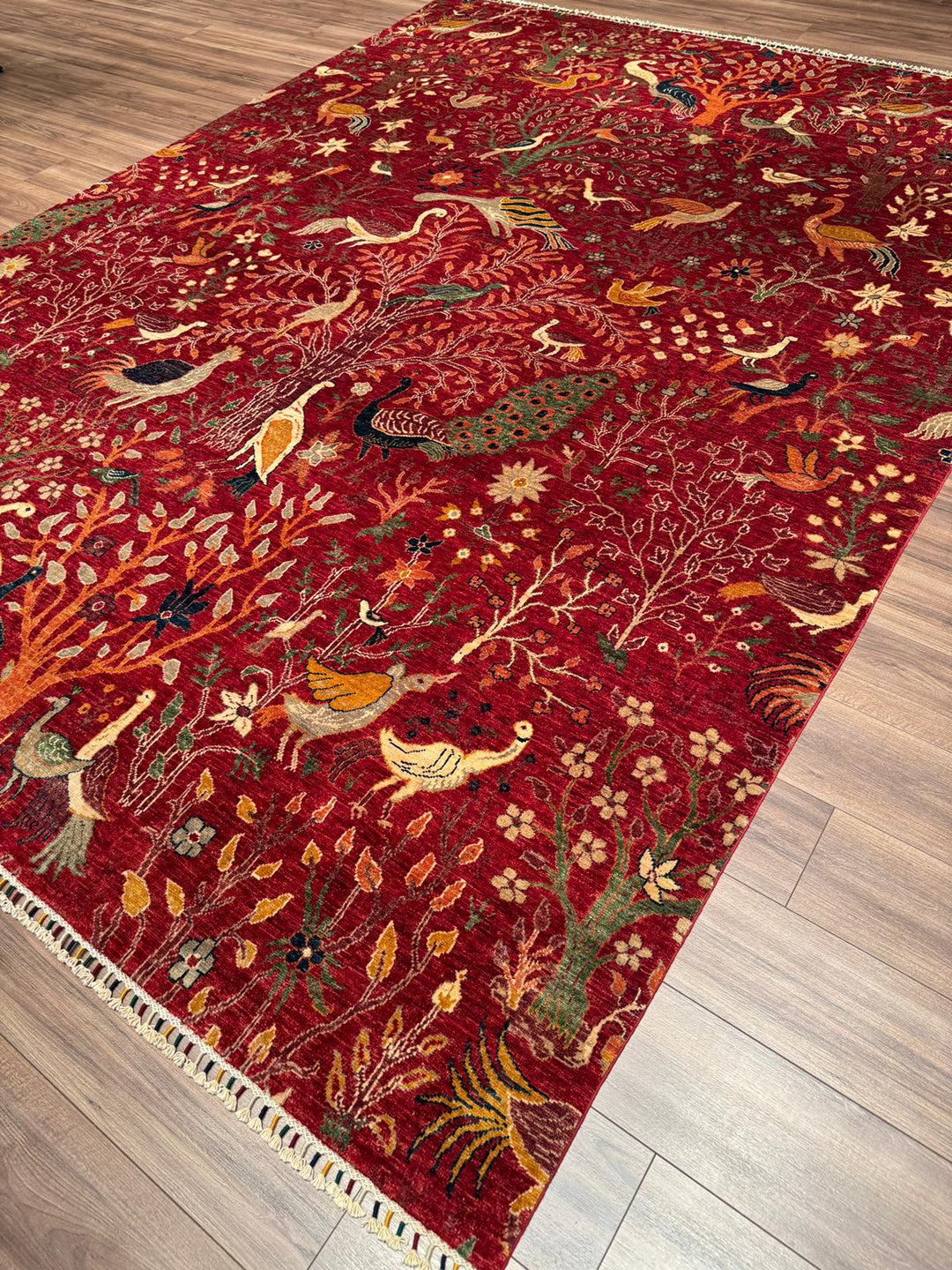 Kuş Orijinal El Dokuması Kırmızı Kök Boya Yün Halı 270x359 9.69 Metrekare - 9x12 ft