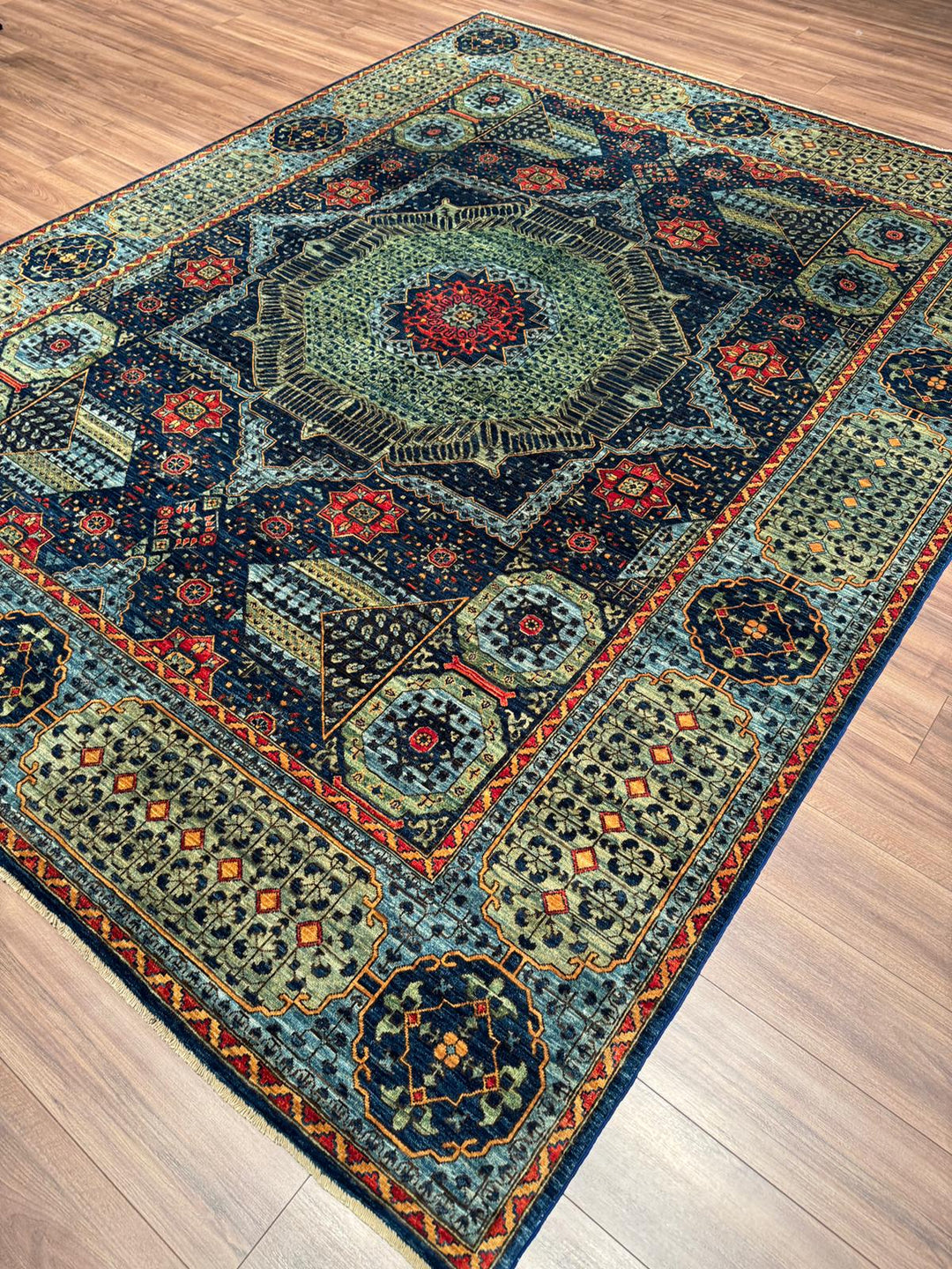 Selçuklu Orijinal El Dokuması Mavi Kök Boya Yün Halı 276x353 9.74 Metrekare - 9x12 ft