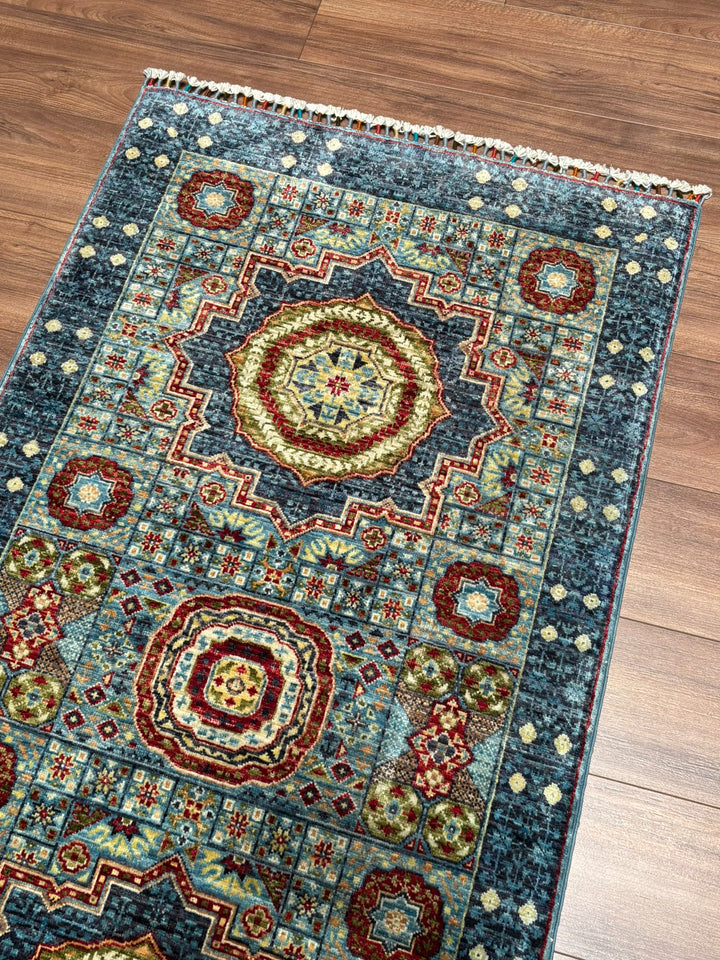 Memlük Orijinal El Dokuması Yolluk Mavi Kök Boya Yün Halı 0.86x255 2.19 Metrekare - 3x8 ft