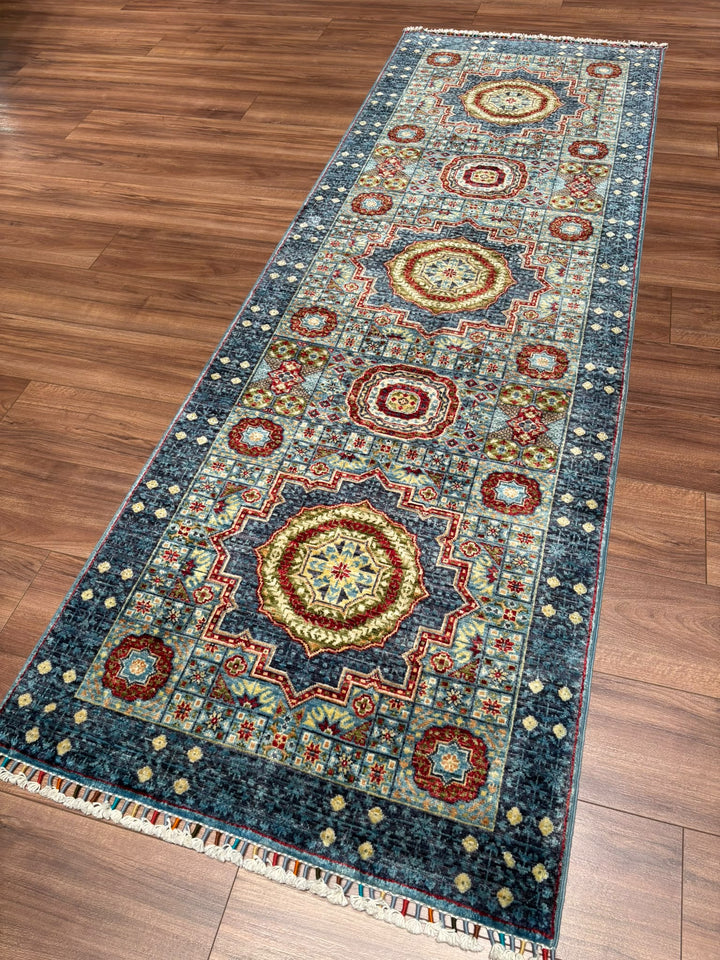 Memlük Orijinal El Dokuması Yolluk Mavi Kök Boya Yün Halı 0.86x255 2.19 Metrekare - 3x8 ft