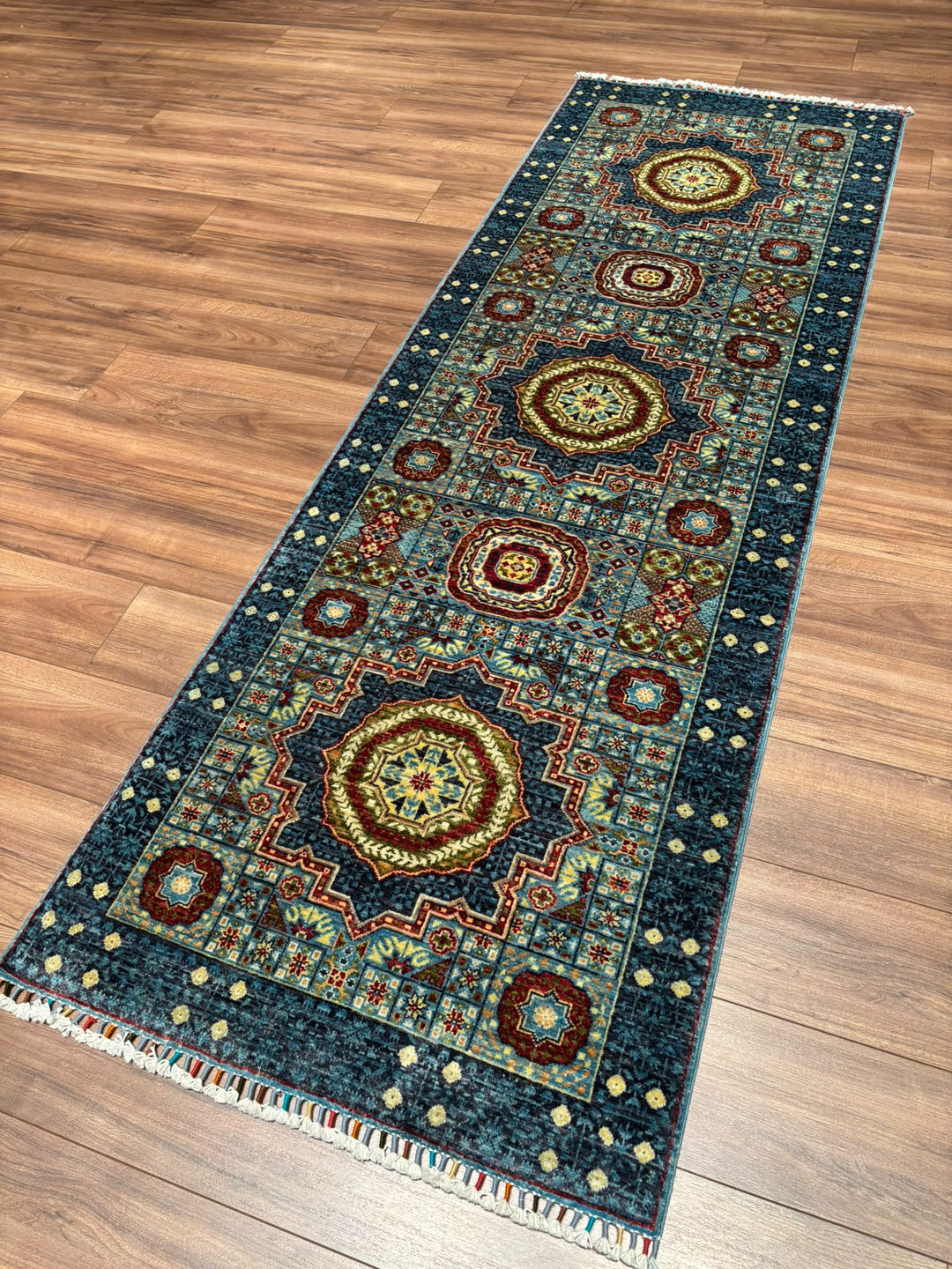 Memlük Orijinal El Dokuması Yolluk Mavi Kök Boya Yün Halı 0.86x255 2.19 Metrekare - 3x8 ft