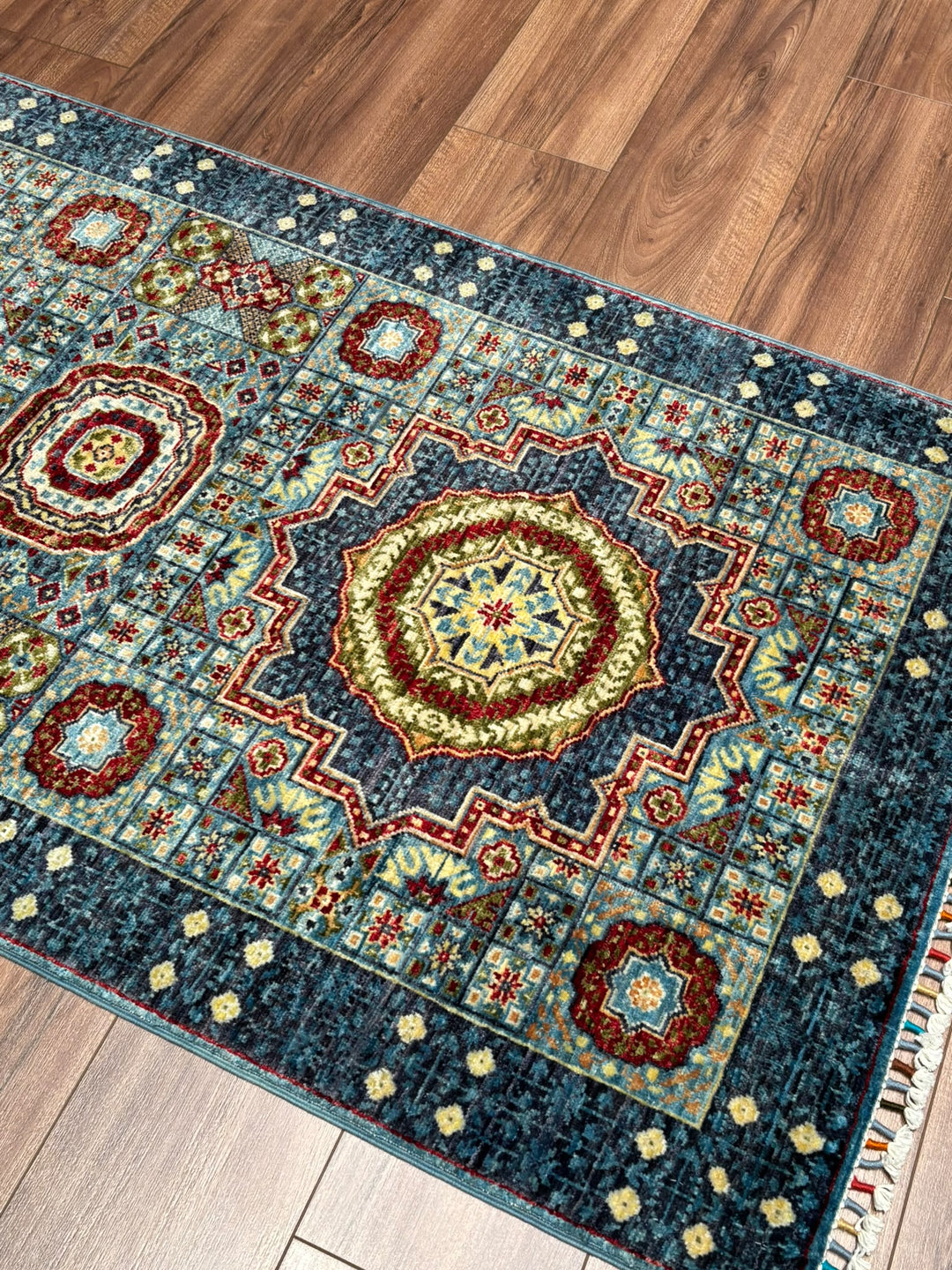 Memlük Orijinal El Dokuması Yolluk Mavi Kök Boya Yün Halı 0.86x255 2.19 Metrekare - 3x8 ft