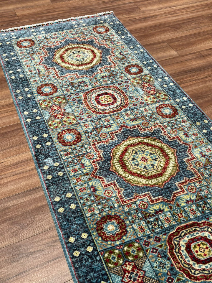 Memlük Orijinal El Dokuması Yolluk Mavi Kök Boya Yün Halı 0.86x255 2.19 Metrekare - 3x8 ft
