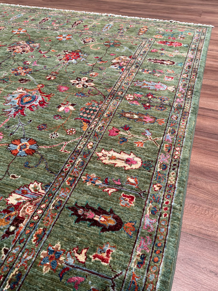 Sultani Binbirgece Orijinal El Dokuması Yeşil Kök Boya Yün Halı 206x308 6.34 Metrekare - 7x10 ft