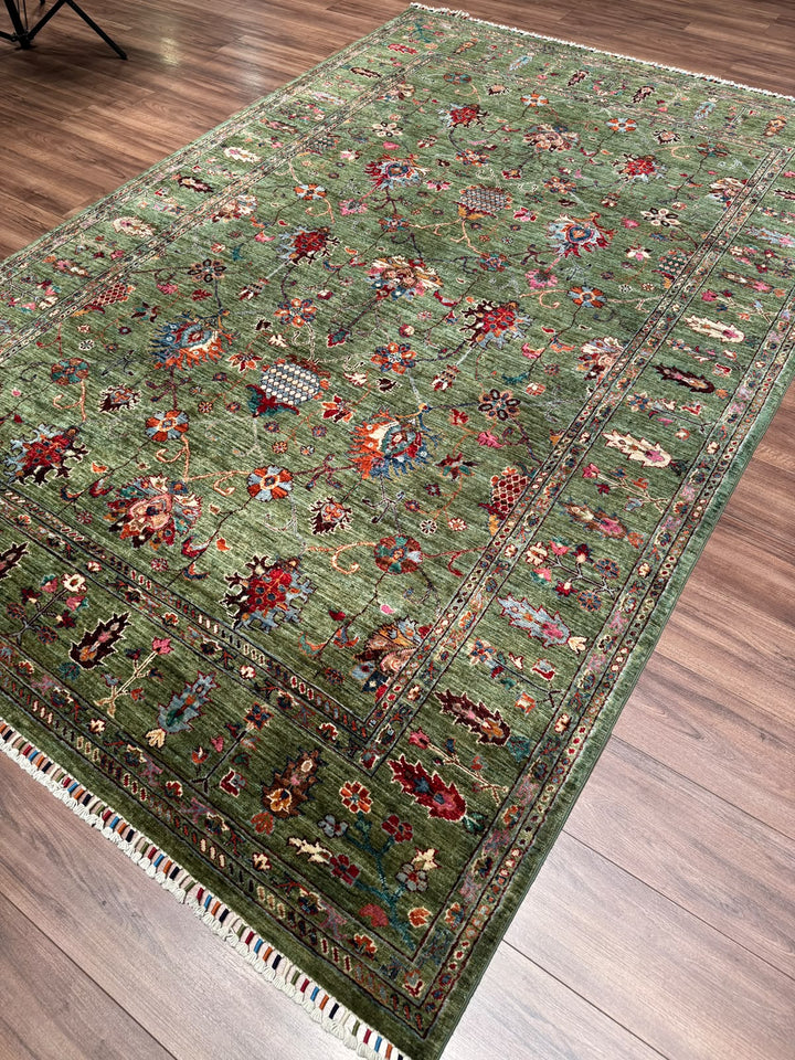 Sultani Binbirgece Orijinal El Dokuması Yeşil Kök Boya Yün Halı 206x308 6.34 Metrekare - 7x10 ft