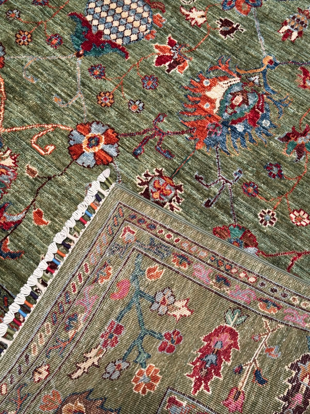 Sultani Binbirgece Orijinal El Dokuması Yeşil Kök Boya Yün Halı 206x308 6.34 Metrekare - 7x10 ft
