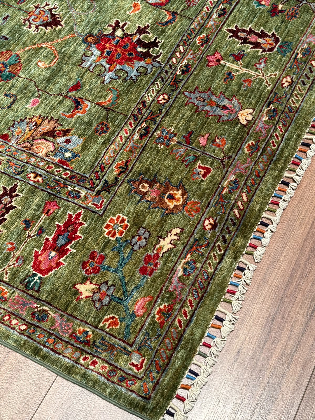 Sultani Binbirgece Orijinal El Dokuması Yeşil Kök Boya Yün Halı 206x308 6.34 Metrekare - 7x10 ft