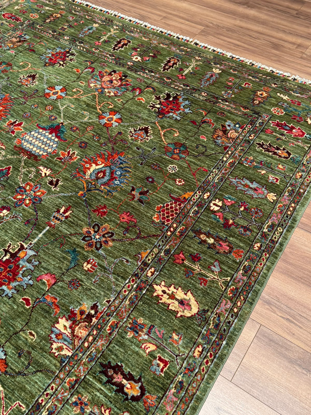 Sultani Binbirgece Orijinal El Dokuması Yeşil Kök Boya Yün Halı 206x308 6.34 Metrekare - 7x10 ft