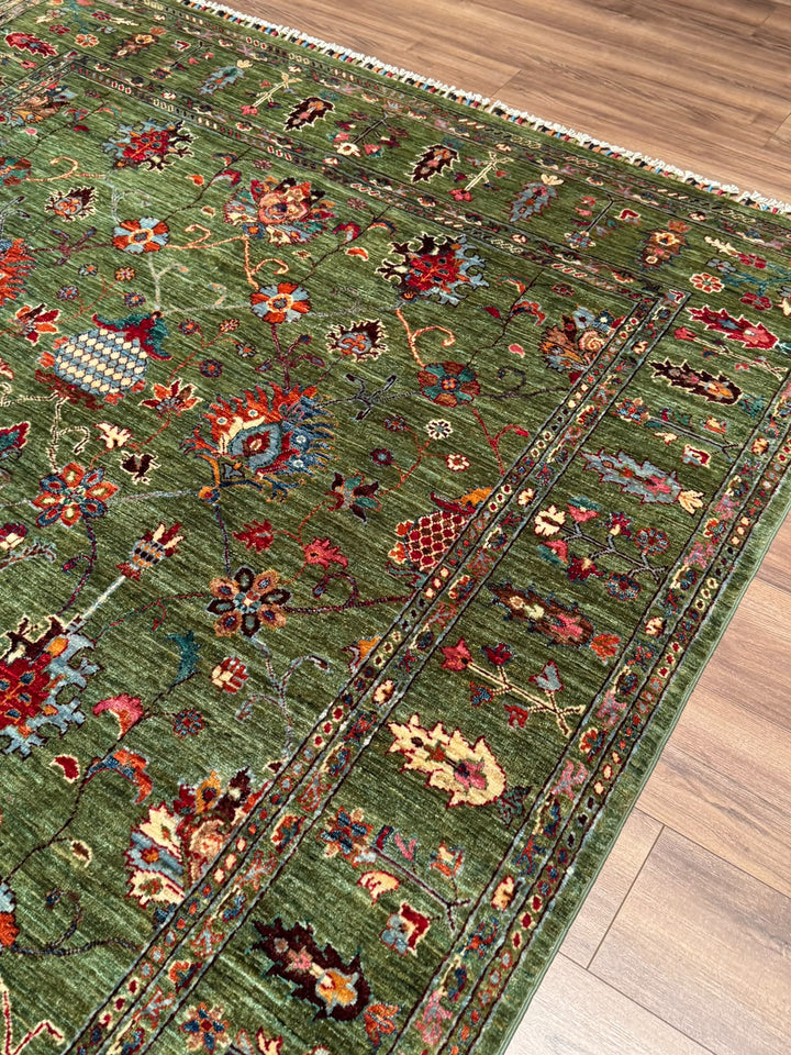 Sultani Binbirgece Orijinal El Dokuması Yeşil Kök Boya Yün Halı 206x308 6.34 Metrekare - 7x10 ft