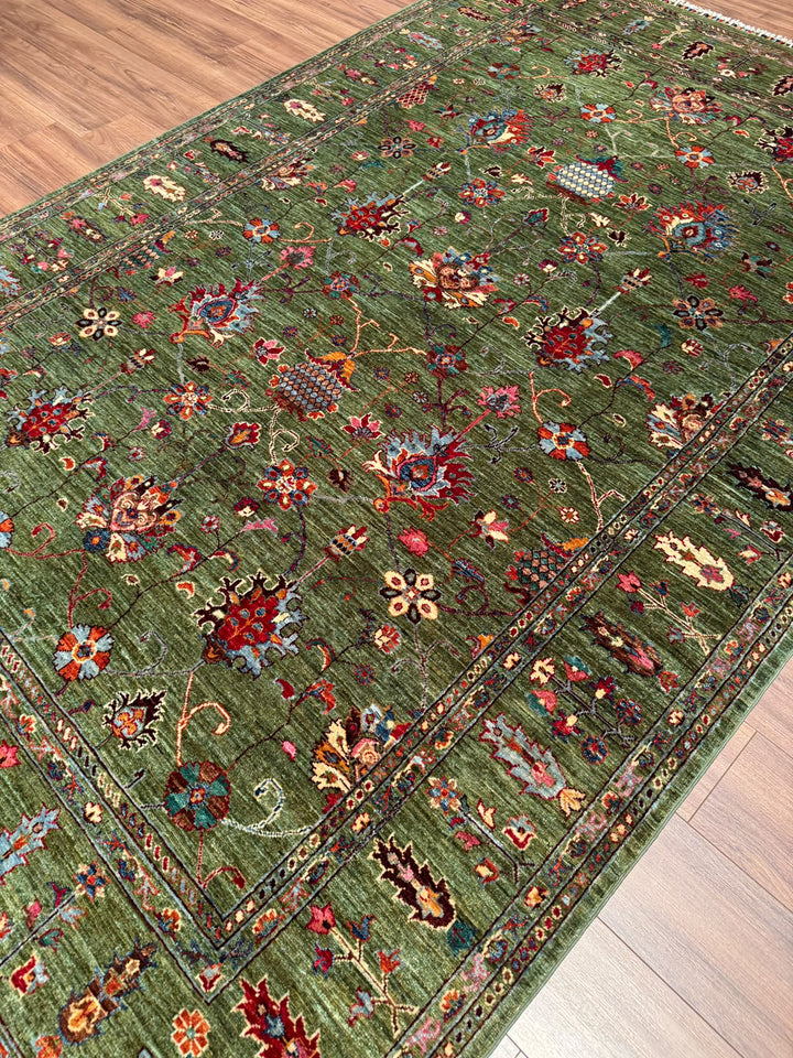 Sultani Binbirgece Orijinal El Dokuması Yeşil Kök Boya Yün Halı 206x308 6.34 Metrekare - 7x10 ft