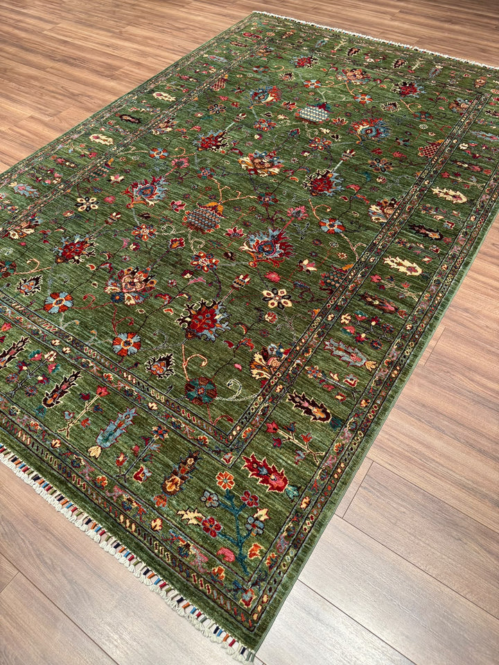 Sultani Binbirgece Orijinal El Dokuması Yeşil Kök Boya Yün Halı 206x308 6.34 Metrekare - 7x10 ft