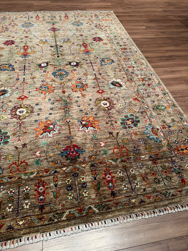 Sultani Çiçekli Orijinal El Dokuması Bej Kök Boya Yün Halı 202x306 6.18 Metrekare - 7x10 ft