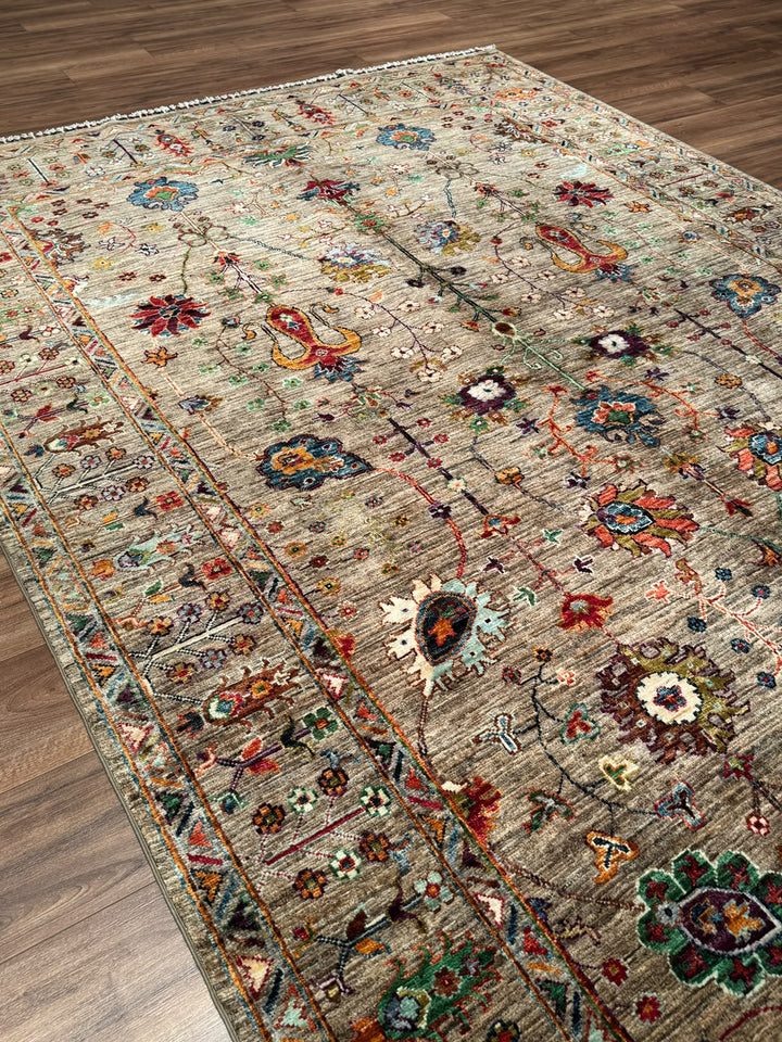 Sultani Çiçekli Orijinal El Dokuması Bej Kök Boya Yün Halı 202x306 6.18 Metrekare - 7x10 ft