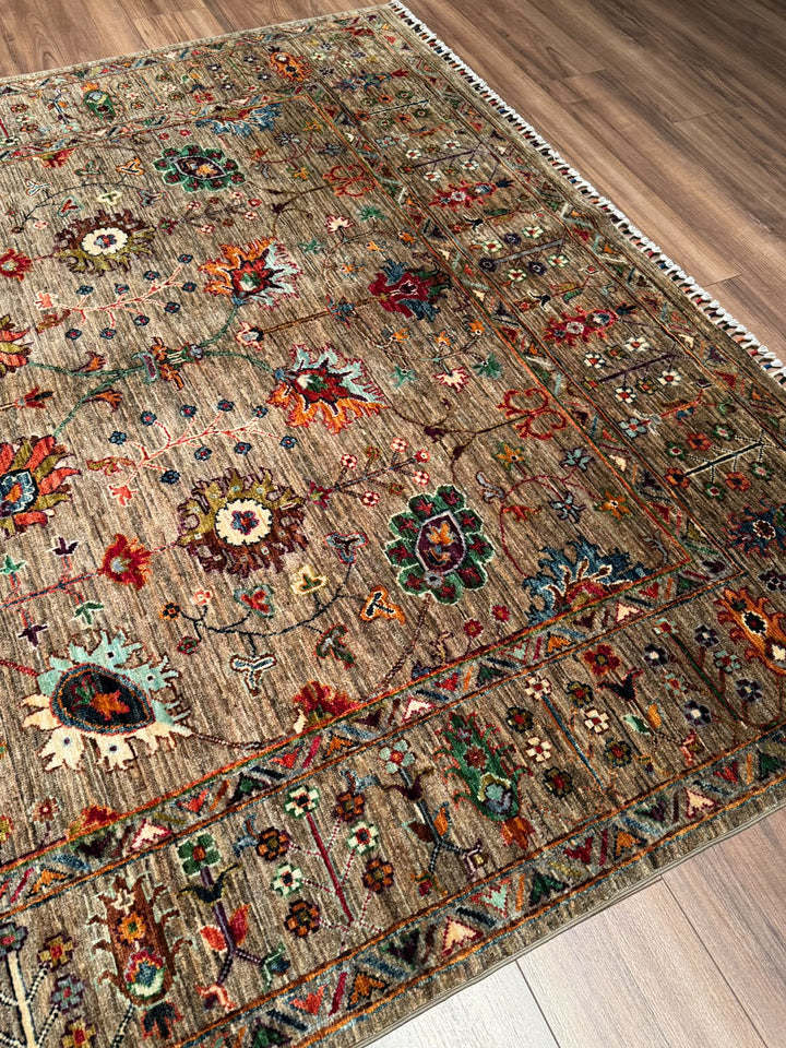 Sultani Çiçekli Orijinal El Dokuması Bej Kök Boya Yün Halı 202x306 6.18 Metrekare - 7x10 ft