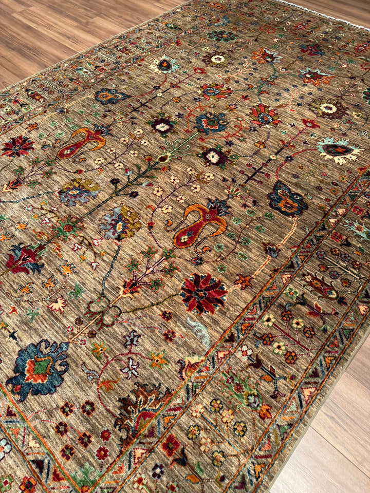 Sultani Çiçekli Orijinal El Dokuması Bej Kök Boya Yün Halı 202x306 6.18 Metrekare - 7x10 ft