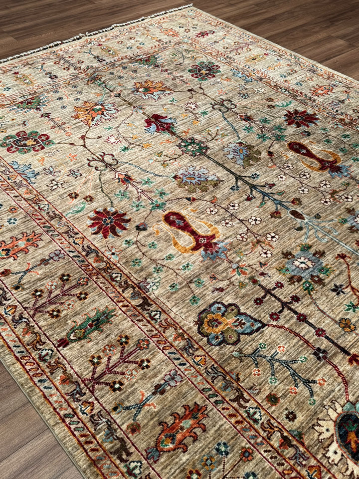 Sultani Çiçekli Orijinal El Dokuması Bej Kök Boya Yün Halı 195x294 5.73 Metrekare - 7x10 ft