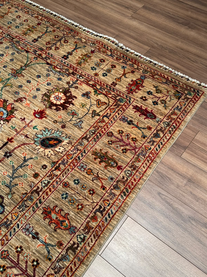 Sultani Çiçekli Orijinal El Dokuması Bej Kök Boya Yün Halı 195x294 5.73 Metrekare - 7x10 ft