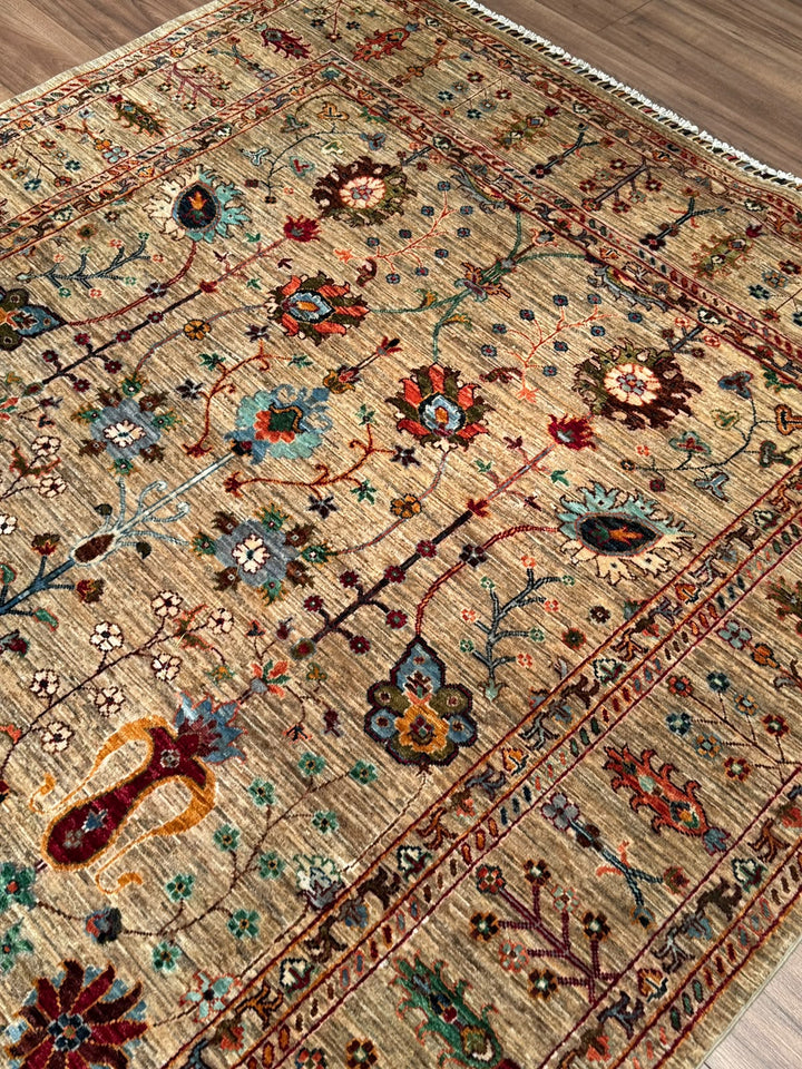 Sultani Çiçekli Orijinal El Dokuması Bej Kök Boya Yün Halı 195x294 5.73 Metrekare - 7x10 ft