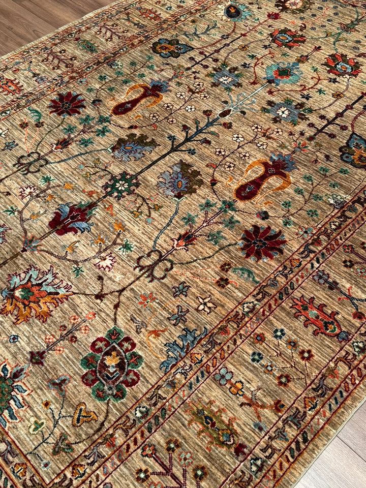 Sultani Çiçekli Orijinal El Dokuması Bej Kök Boya Yün Halı 195x294 5.73 Metrekare - 7x10 ft