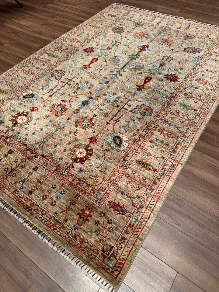 Sultani Çiçekli Orijinal El Dokuması Bej Kök Boya Yün Halı 195x294 5.73 Metrekare - 7x10 ft